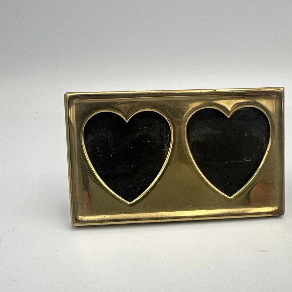 Vintage Solid Brass Double Heart Shaped Mini Picture Frame Lot of 2 Rectangle